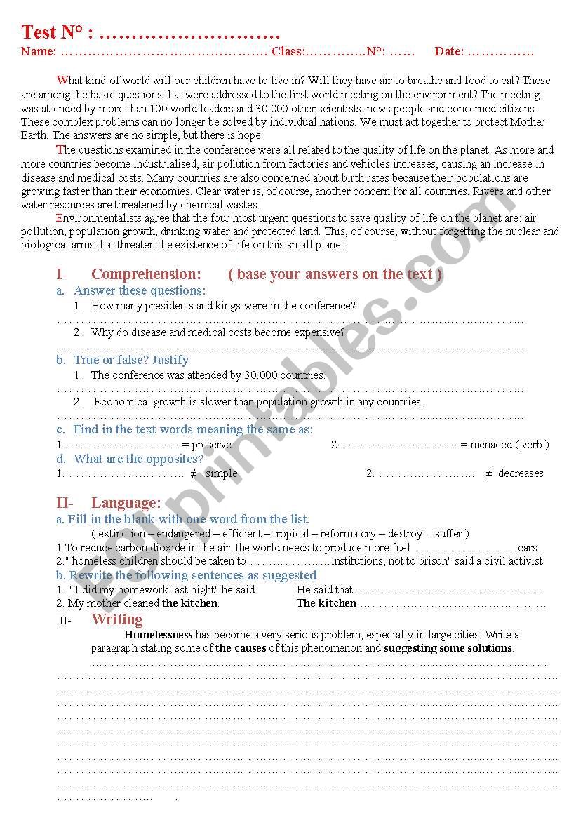 comprehension test worksheet