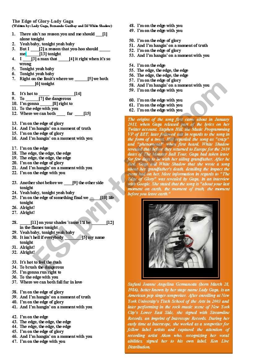 The Edge of Glory-Lady Gaga worksheet