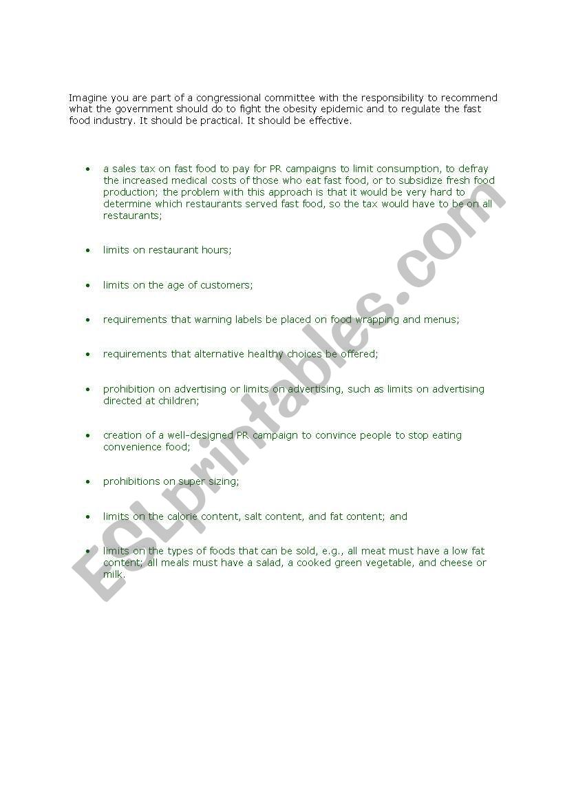 Fast food role play worksheet