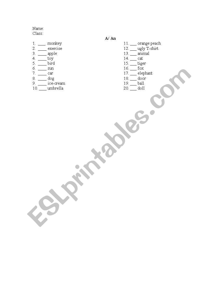 A/ An worksheet