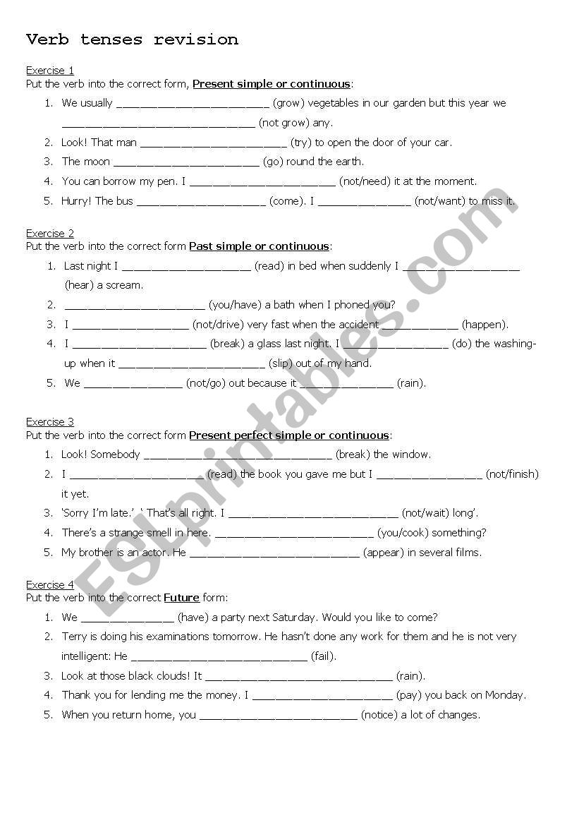 Verb tenses revision worksheet