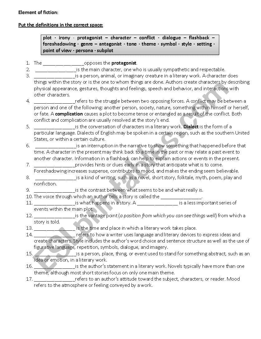 Elements of fiction worksheet