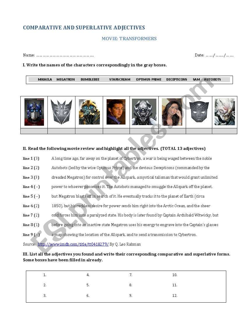 COMPARATIVE & SUPERLATIVE ADJECTIVES + MOVIE TRANSFORMERS