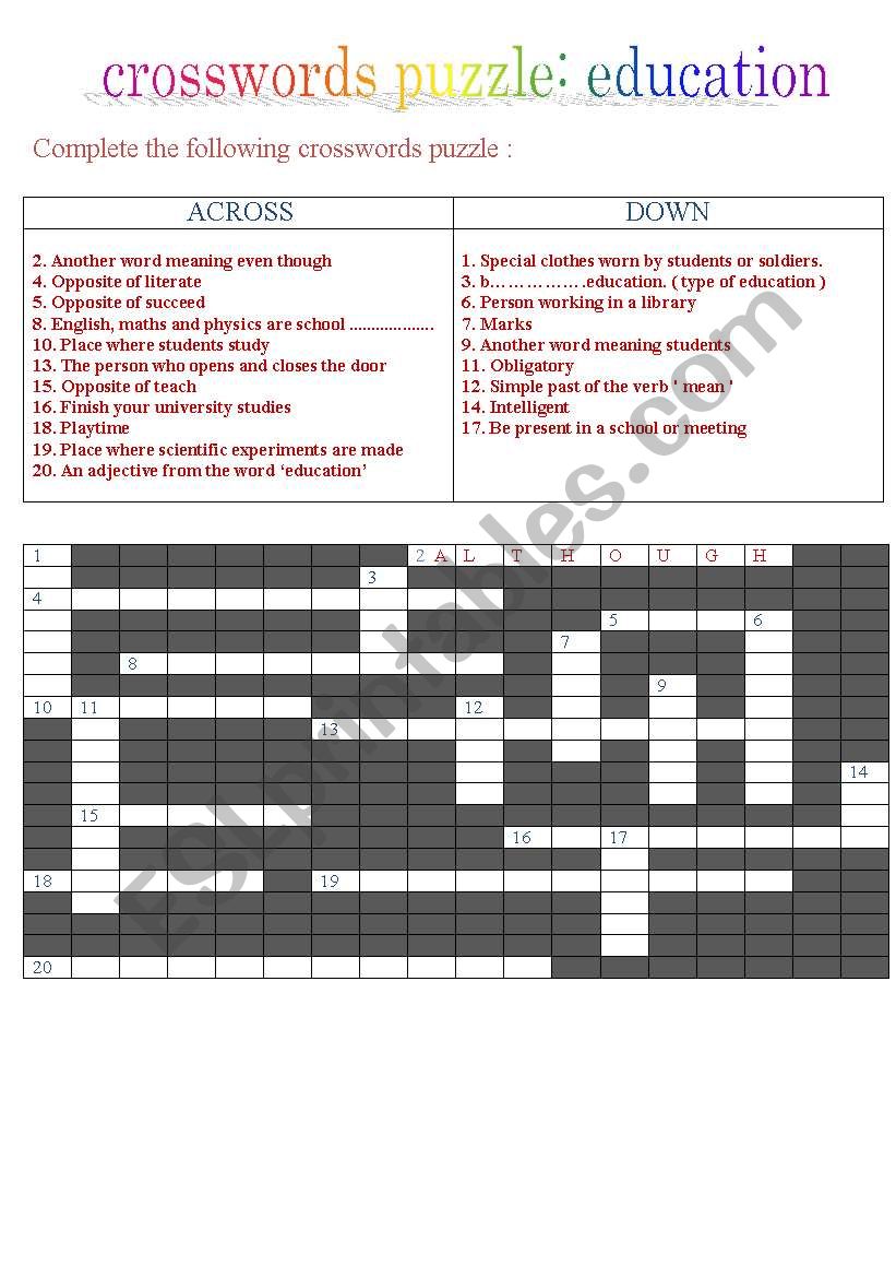 education crosswrds puzzle worksheet