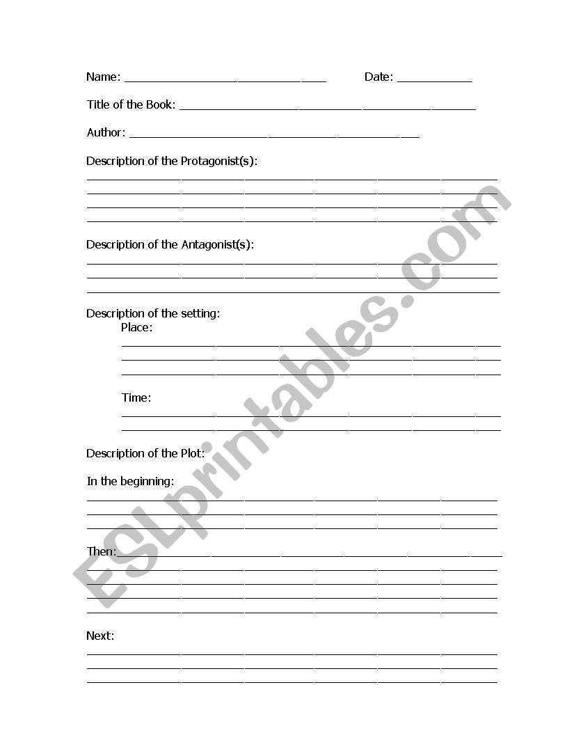 Book Report Format worksheet