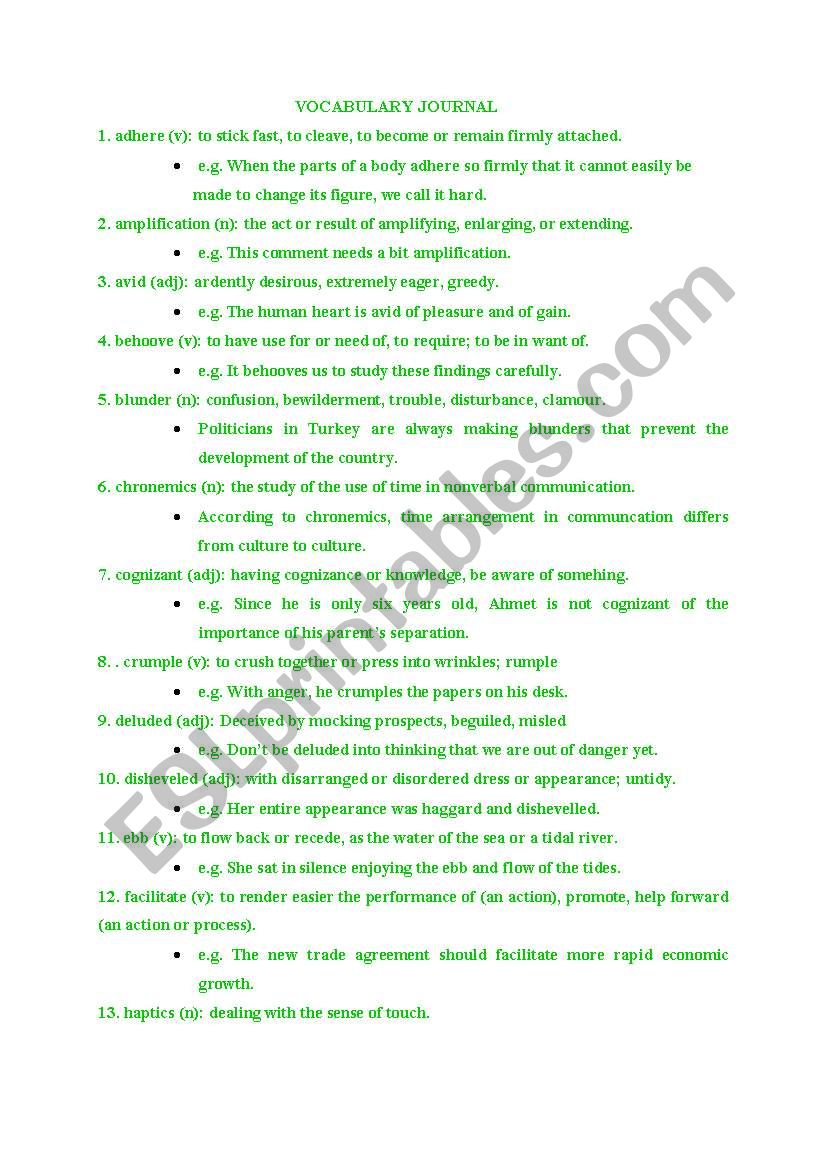 vocabulary journal 3 worksheet