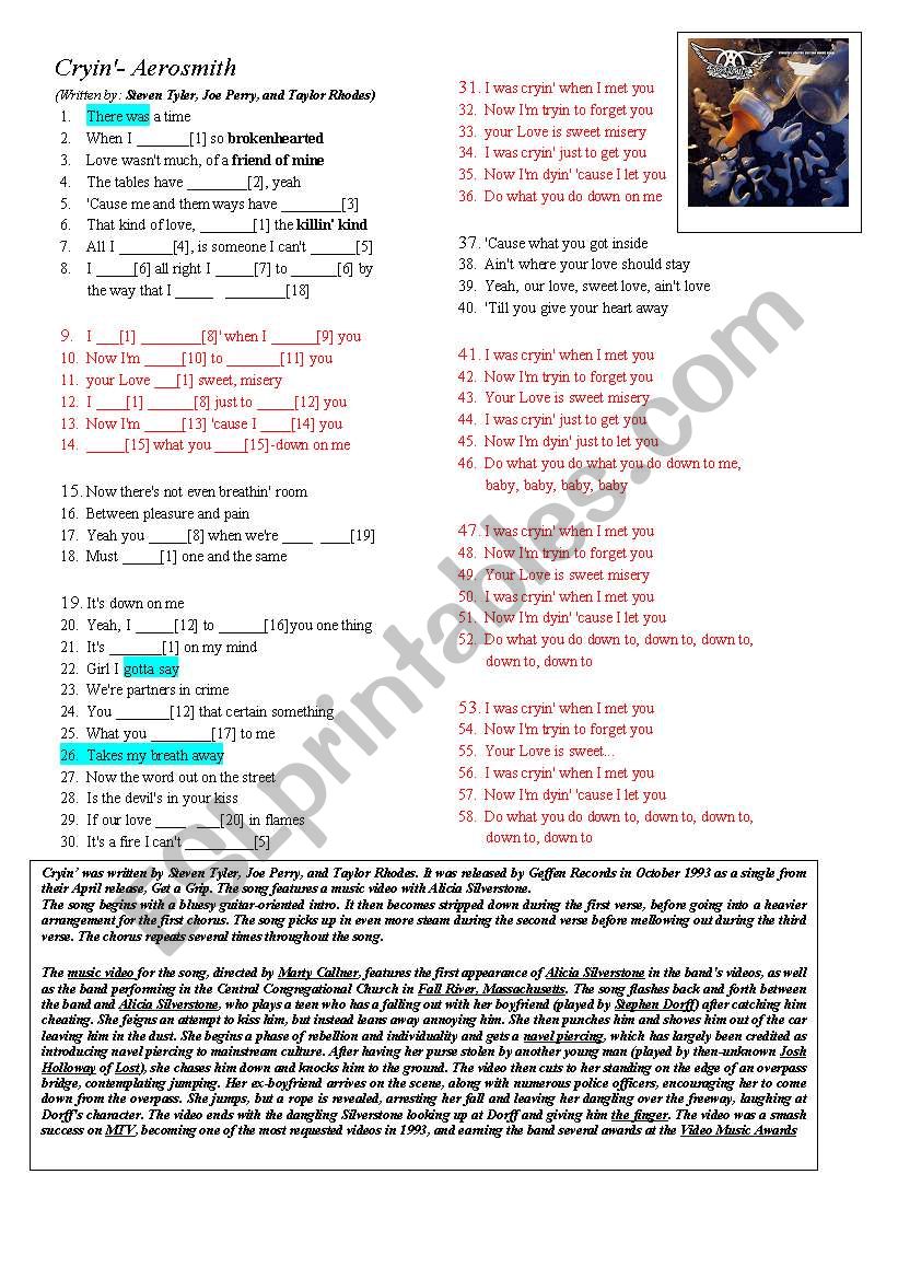 Cryin- Aerosmith worksheet