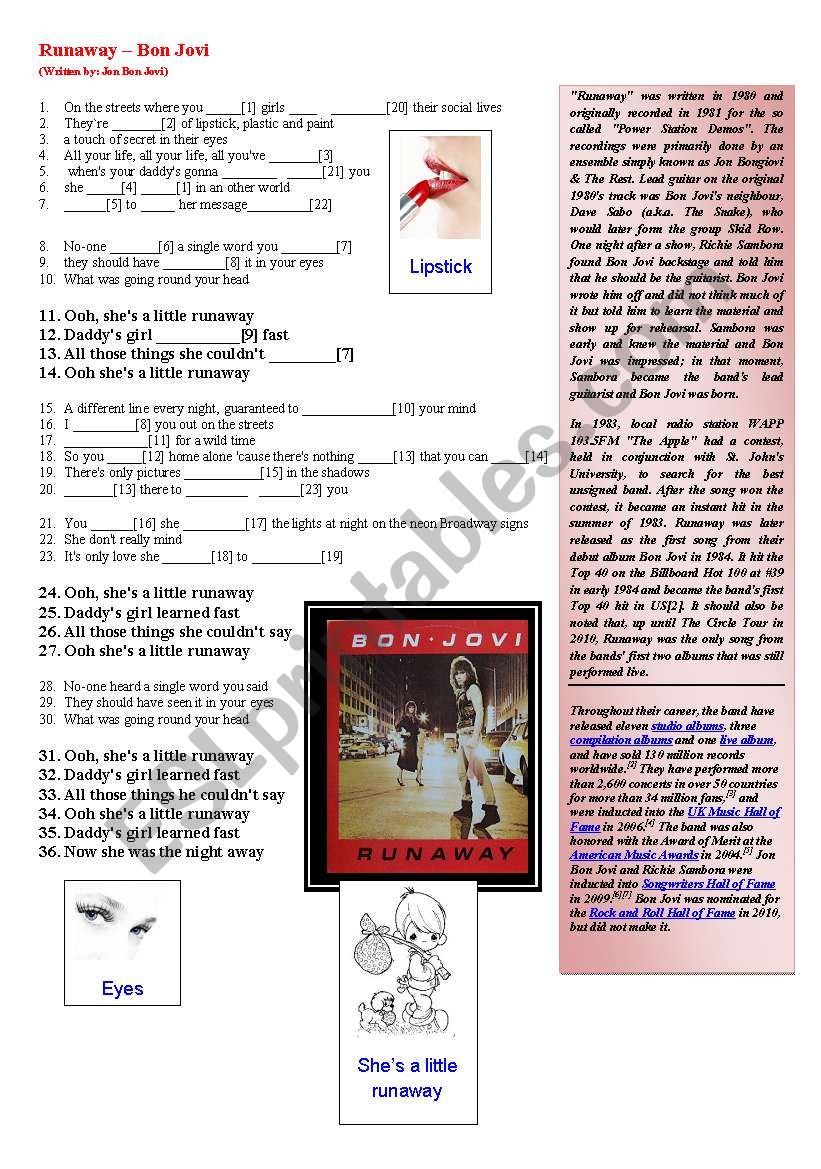 Runaway  Bon Jovi worksheet