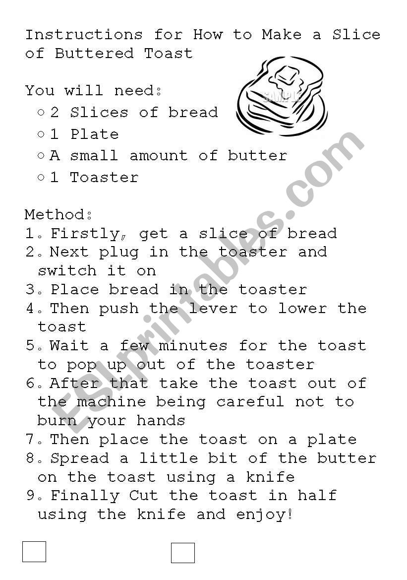 Parts of Instruction Writing worksheet