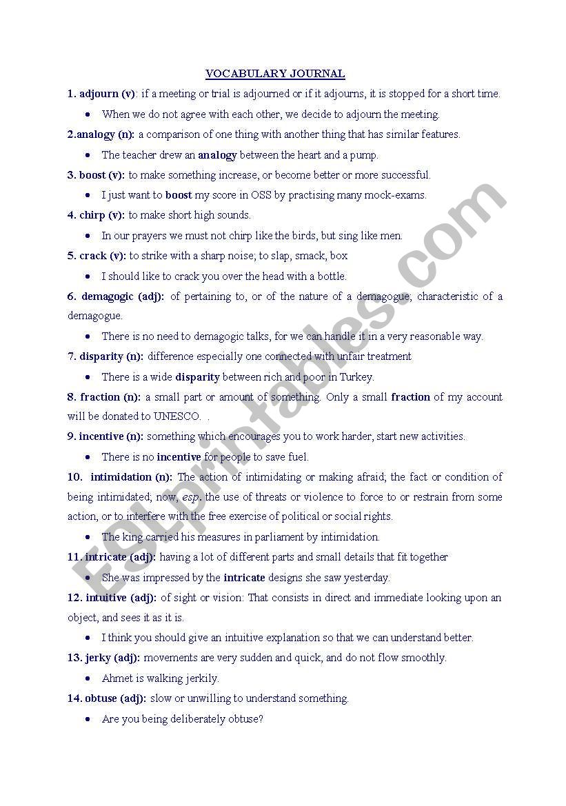 vocabulary journal 4 worksheet