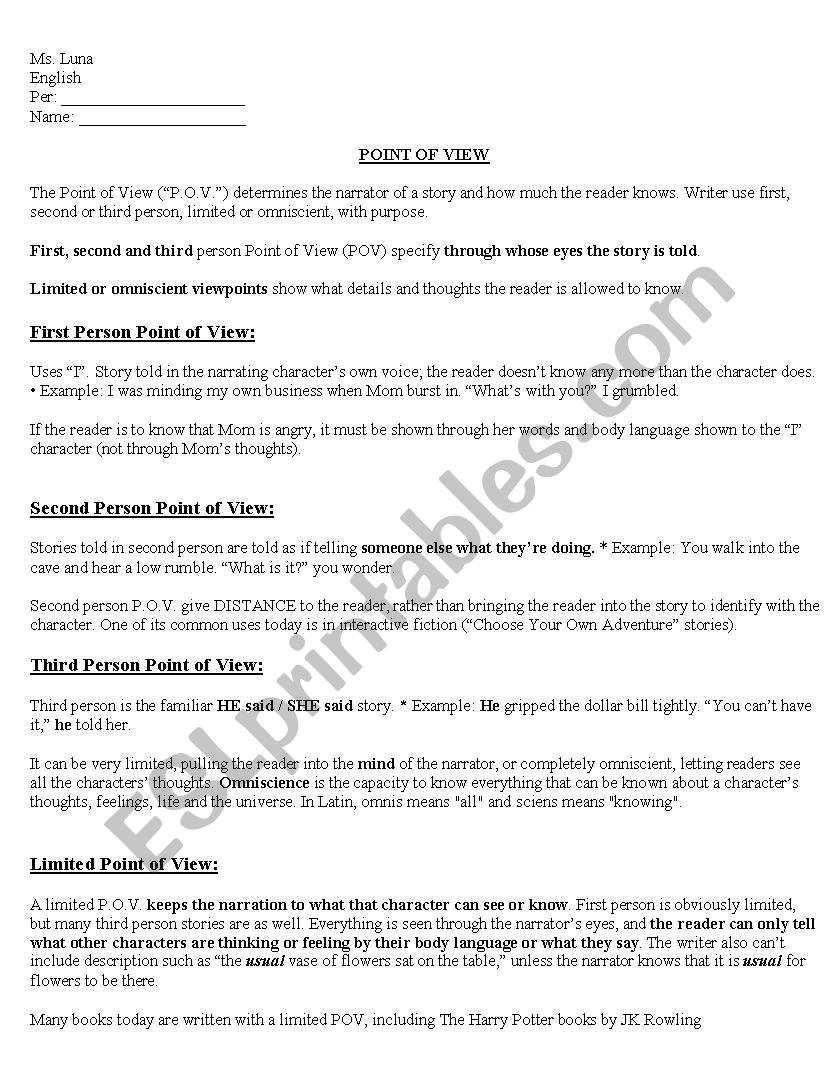 Point of View worksheet worksheet