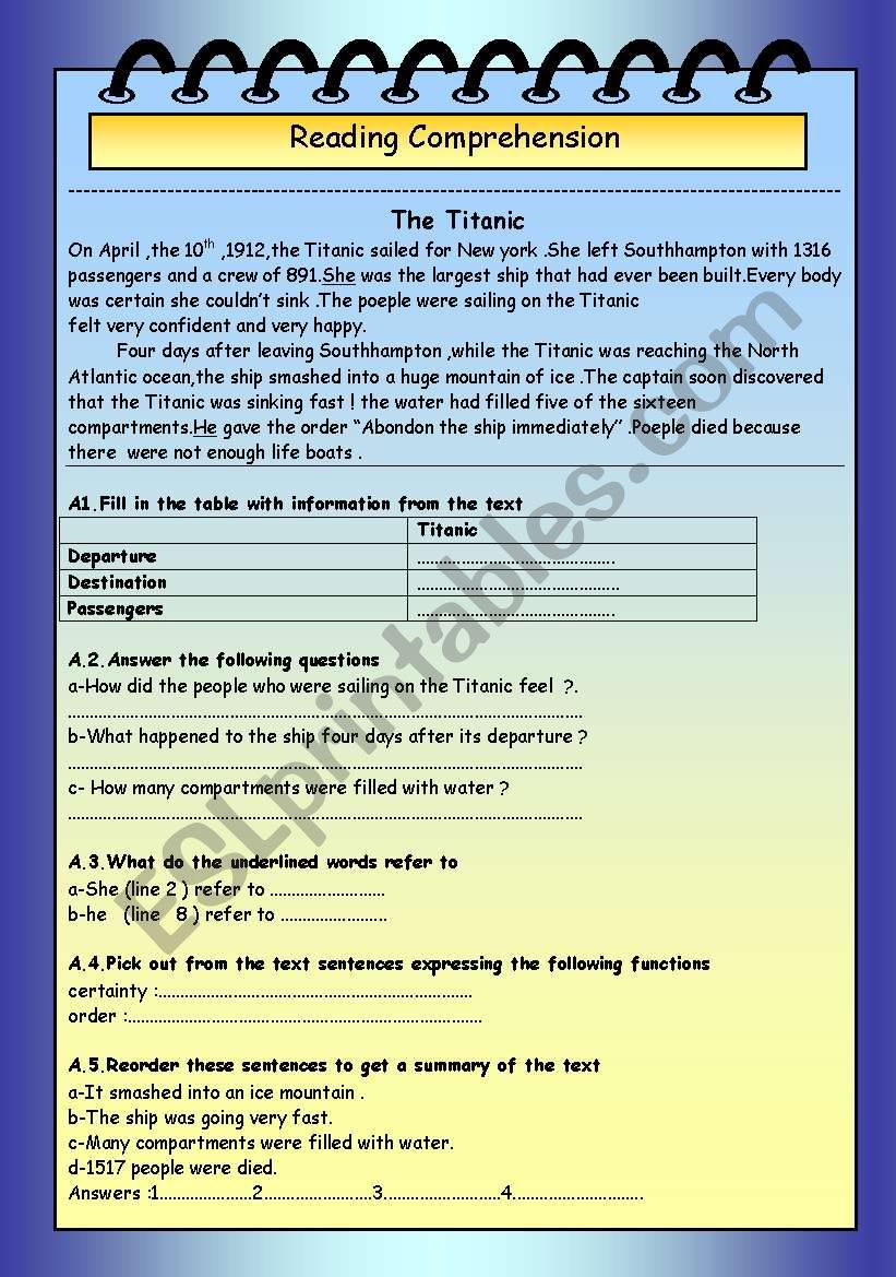 Titanic worksheet