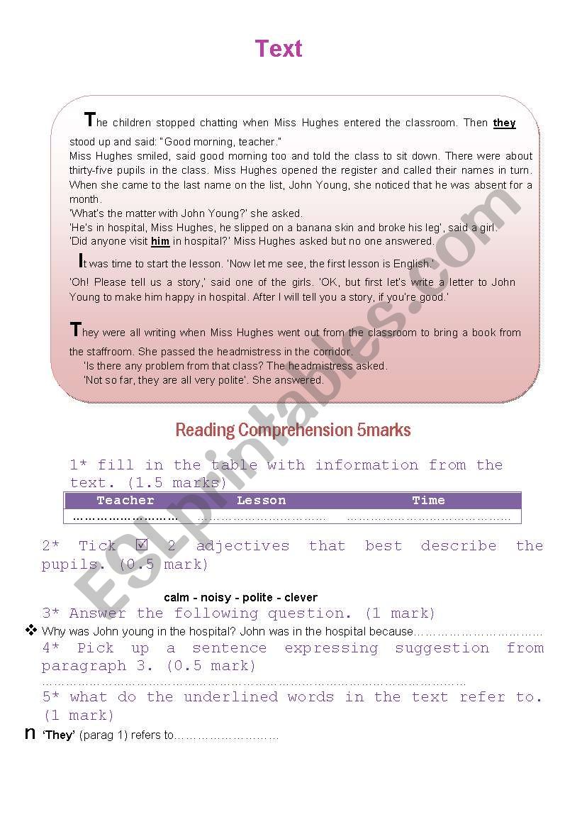 A reading passage worksheet