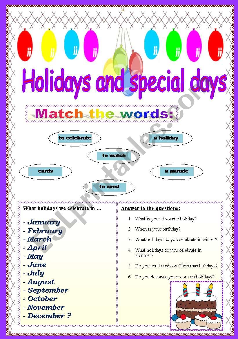 Holidays and special days worksheet
