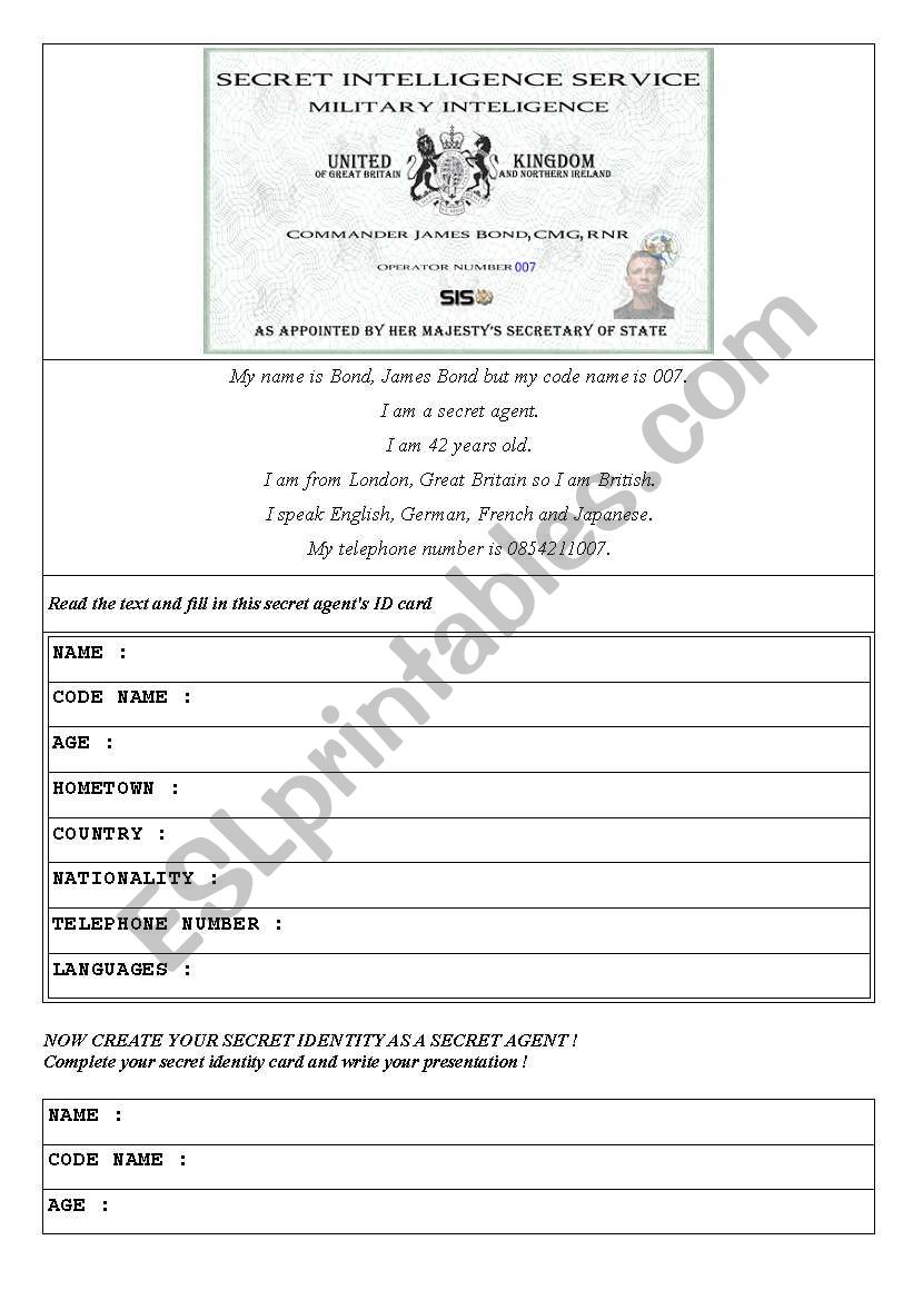 My name is Bond, James Bond. worksheet
