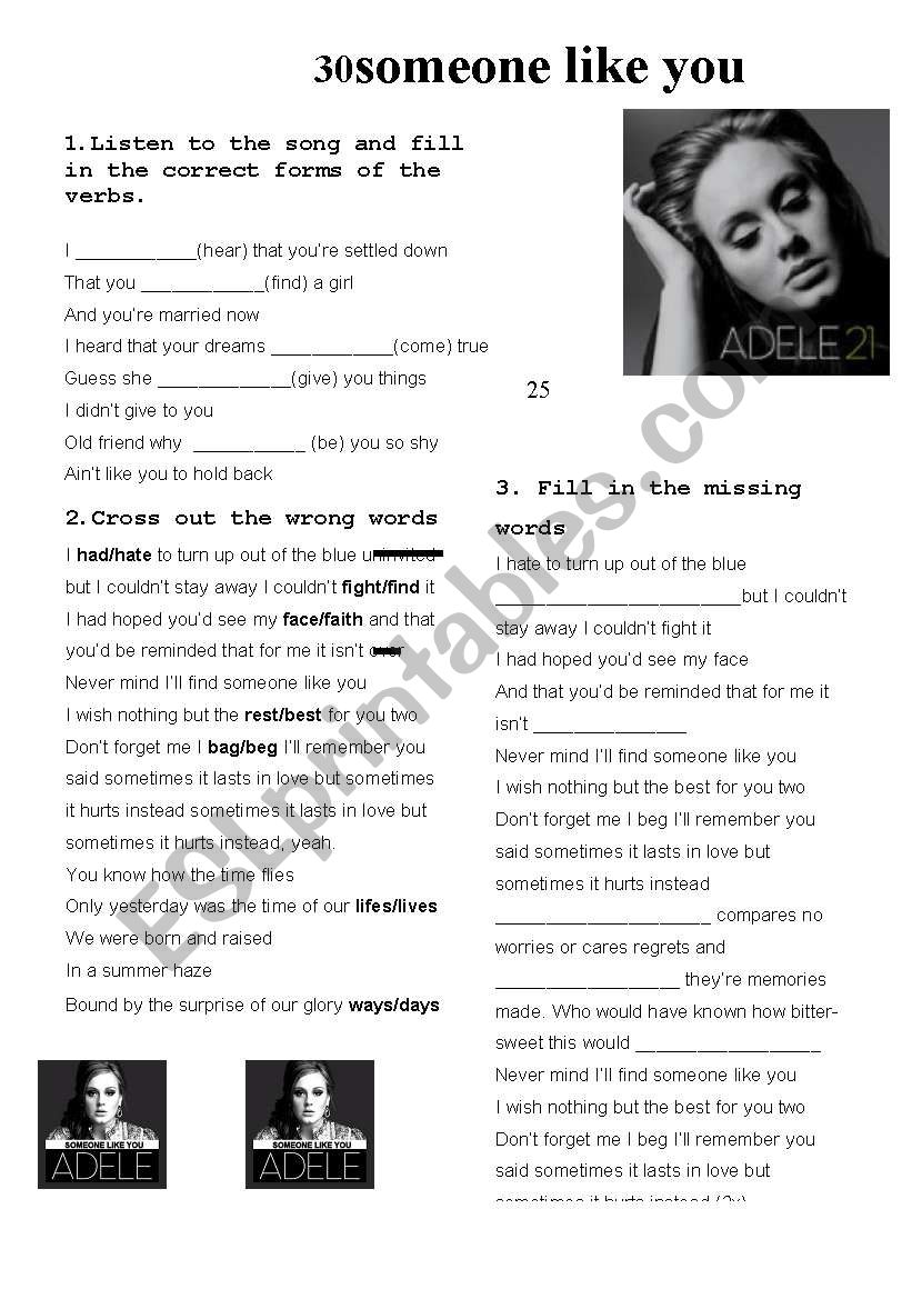 Adele Someone Like You Esl Worksheet By Leichau