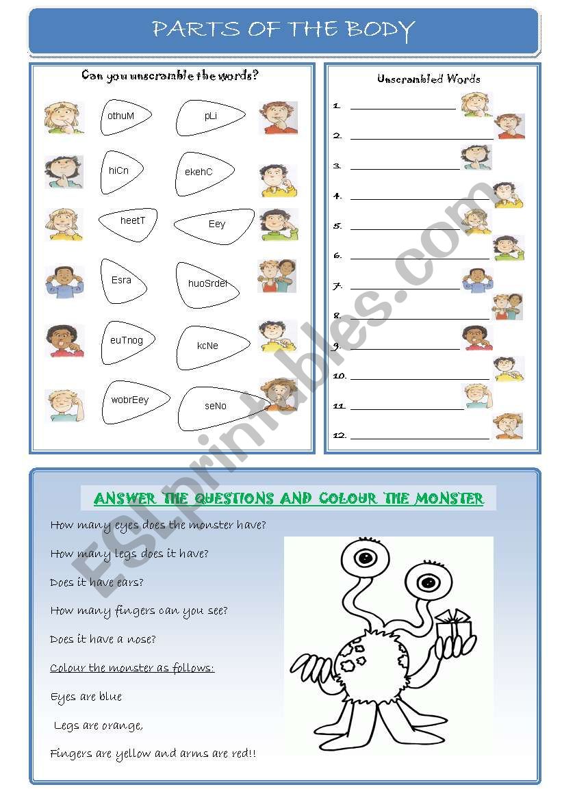 Parts of the Body: Unscramble, write, answer the questions and colour!