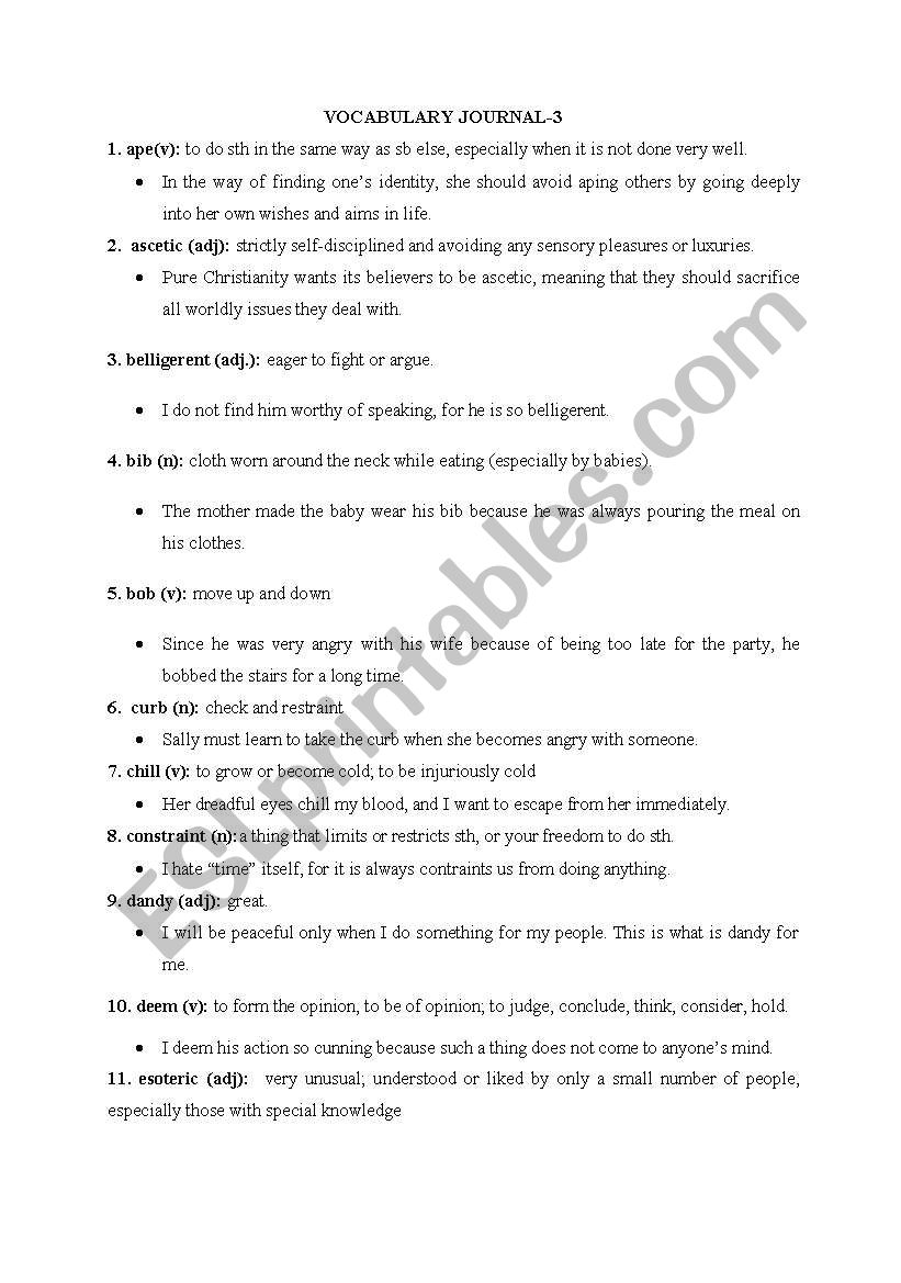 vocabulary journal 5 worksheet