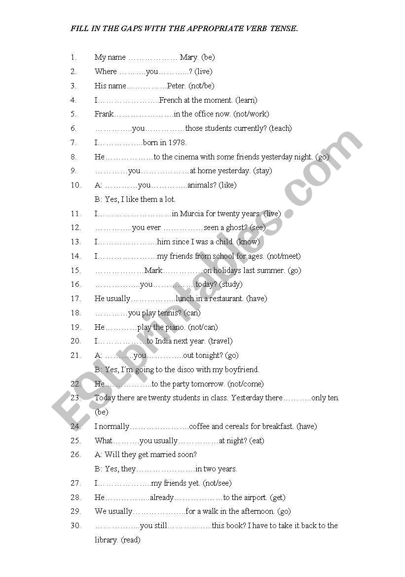 Revision of all verb tenses worksheet