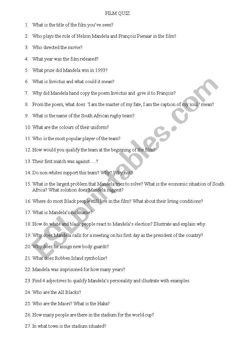 FILM QUIZ INVICTUS worksheet