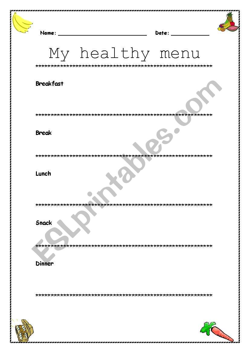My healthy menu worksheet