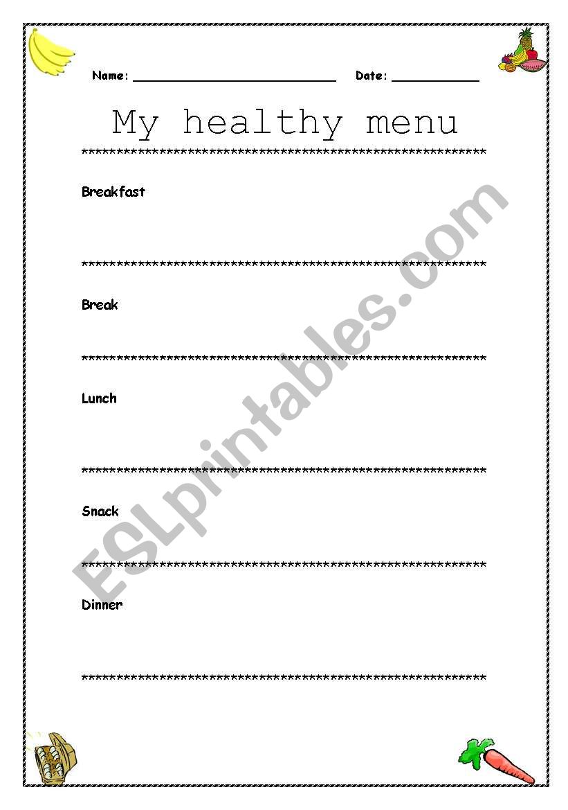 My healthy menu worksheet