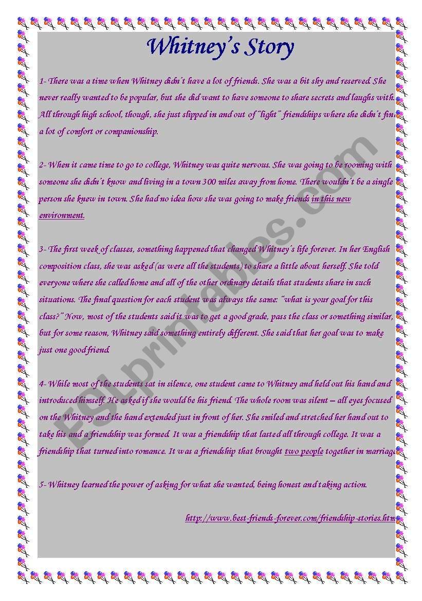 Whitneys story worksheet