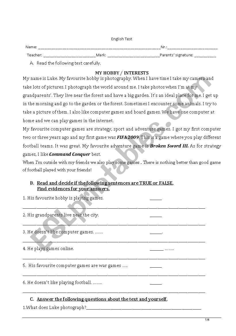 test on hobbies worksheet