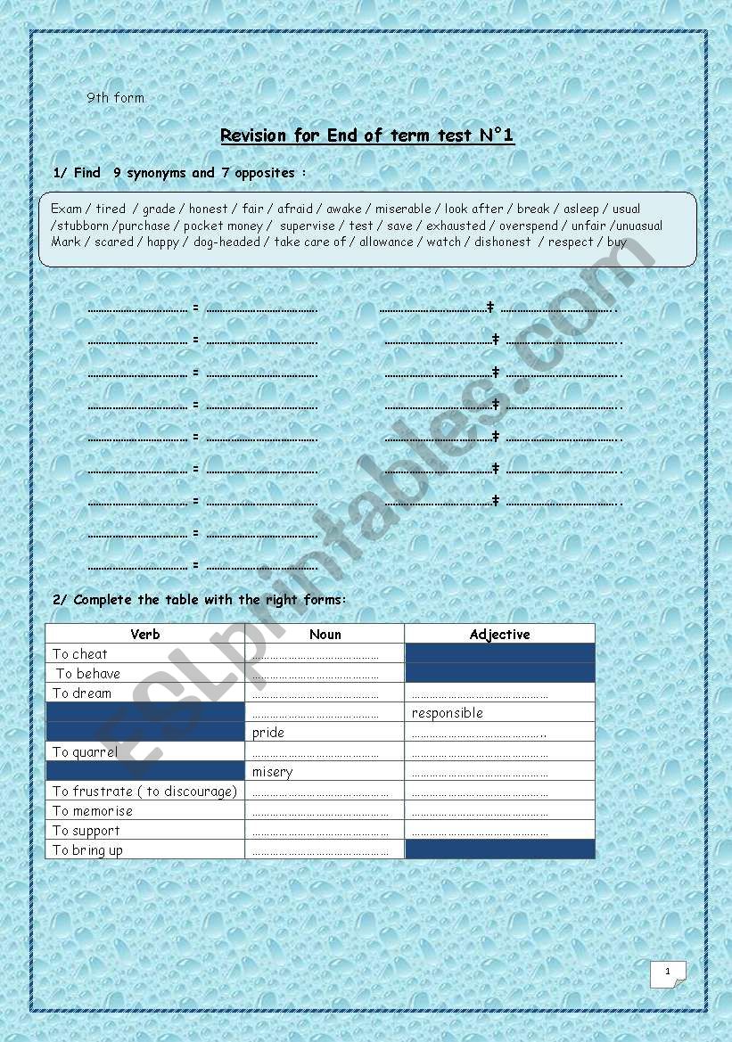 9th form revision before end of term test N1