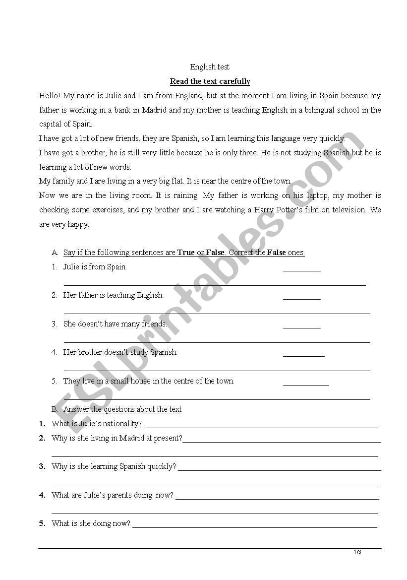 present continuous test worksheet