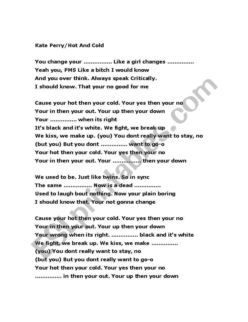 Katy Perry Hot And Cold Word Finding Listening Exercise