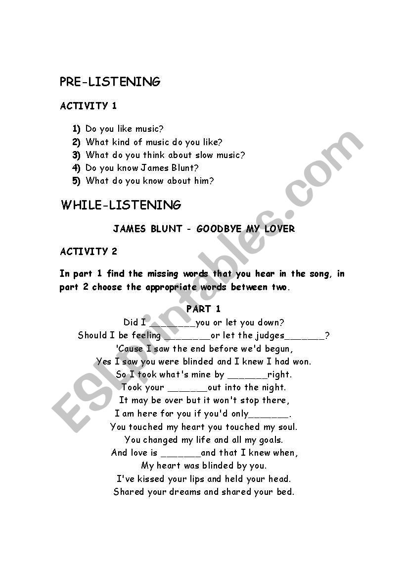 good bye my lover worksheet