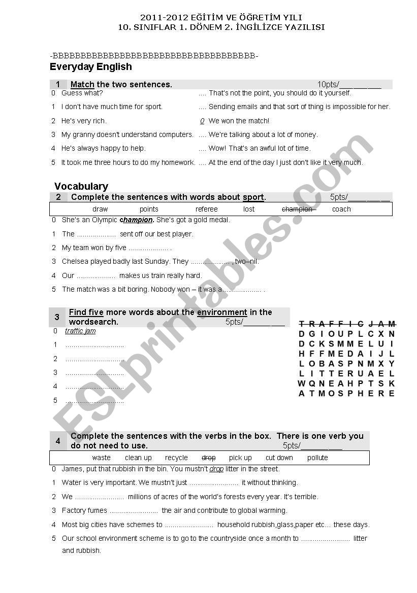 exam for 10th grades worksheet