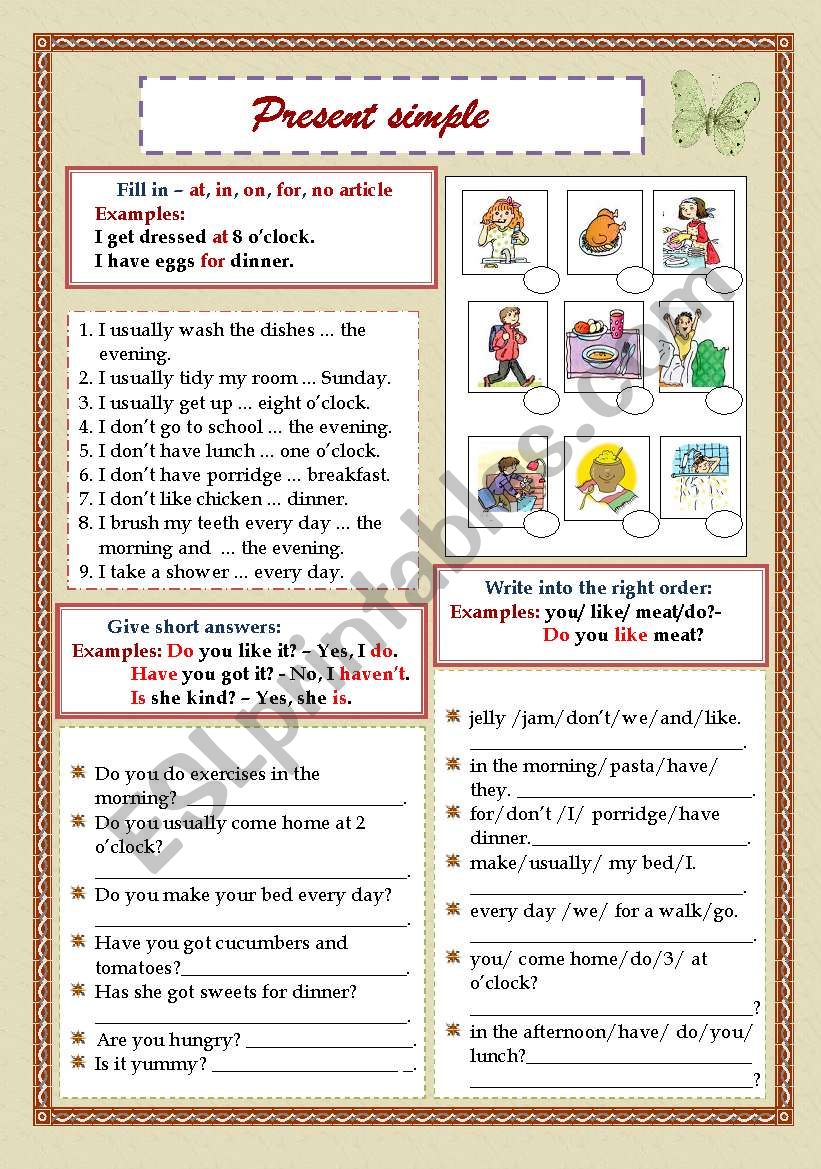 Present Simple (My work day) - Prepositions/Short answers/Word order (Pictures)