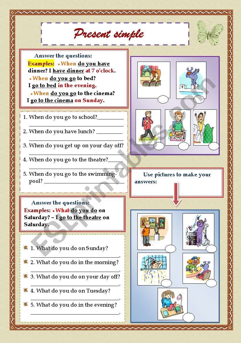 Present Simple (My work day) - Answer the questions using right prepositions + Pictures