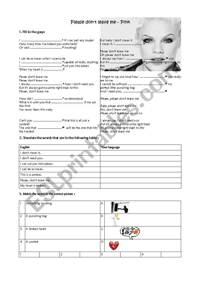 Please donÂ´t leave me - SONG + Exercises- Pink- Present simple