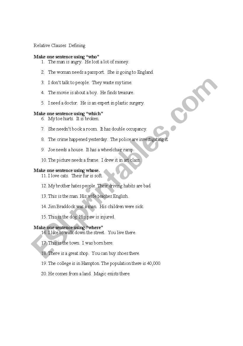 Relative clauses defining and non-defining with answers