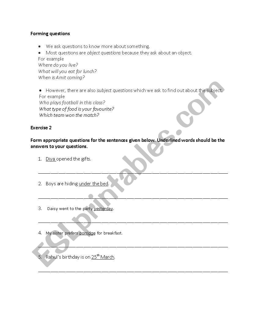 Forming questions worksheet