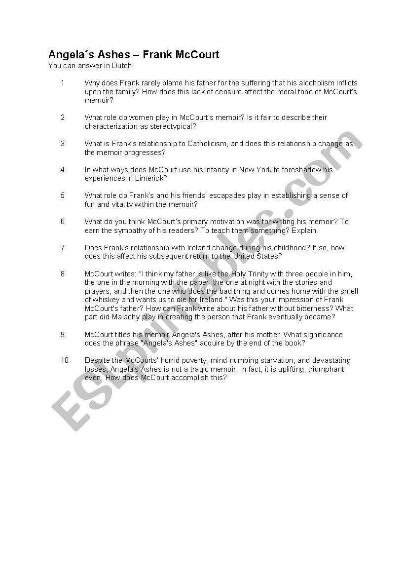 Angelas Ashes worksheet