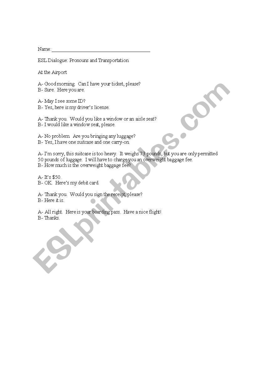Transportation Dialogue worksheet