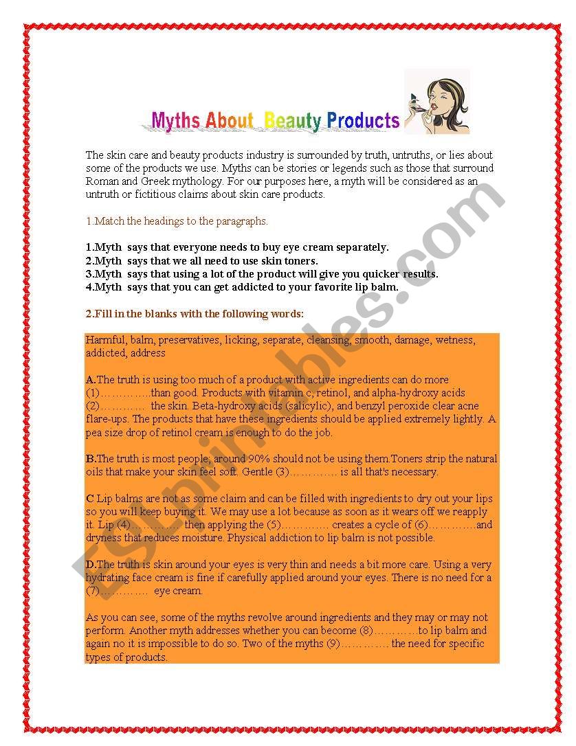BEAUTY PRODUCTS MYTHS worksheet