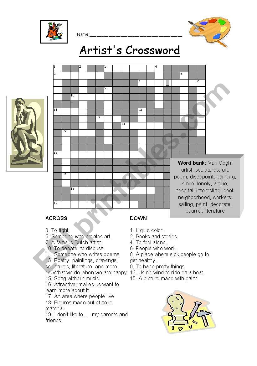 English worksheets: Artist´s Crossword Puzzle *Editable