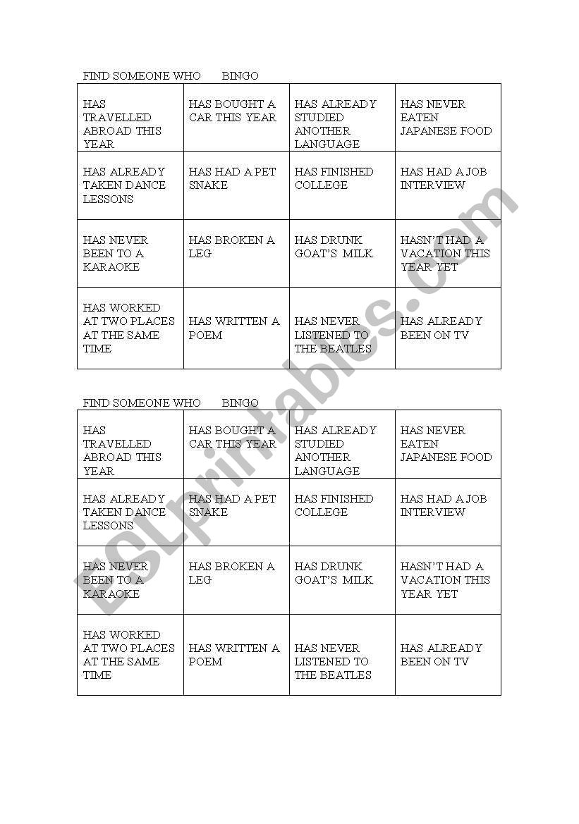 PRESENT PERFECT BINGO worksheet