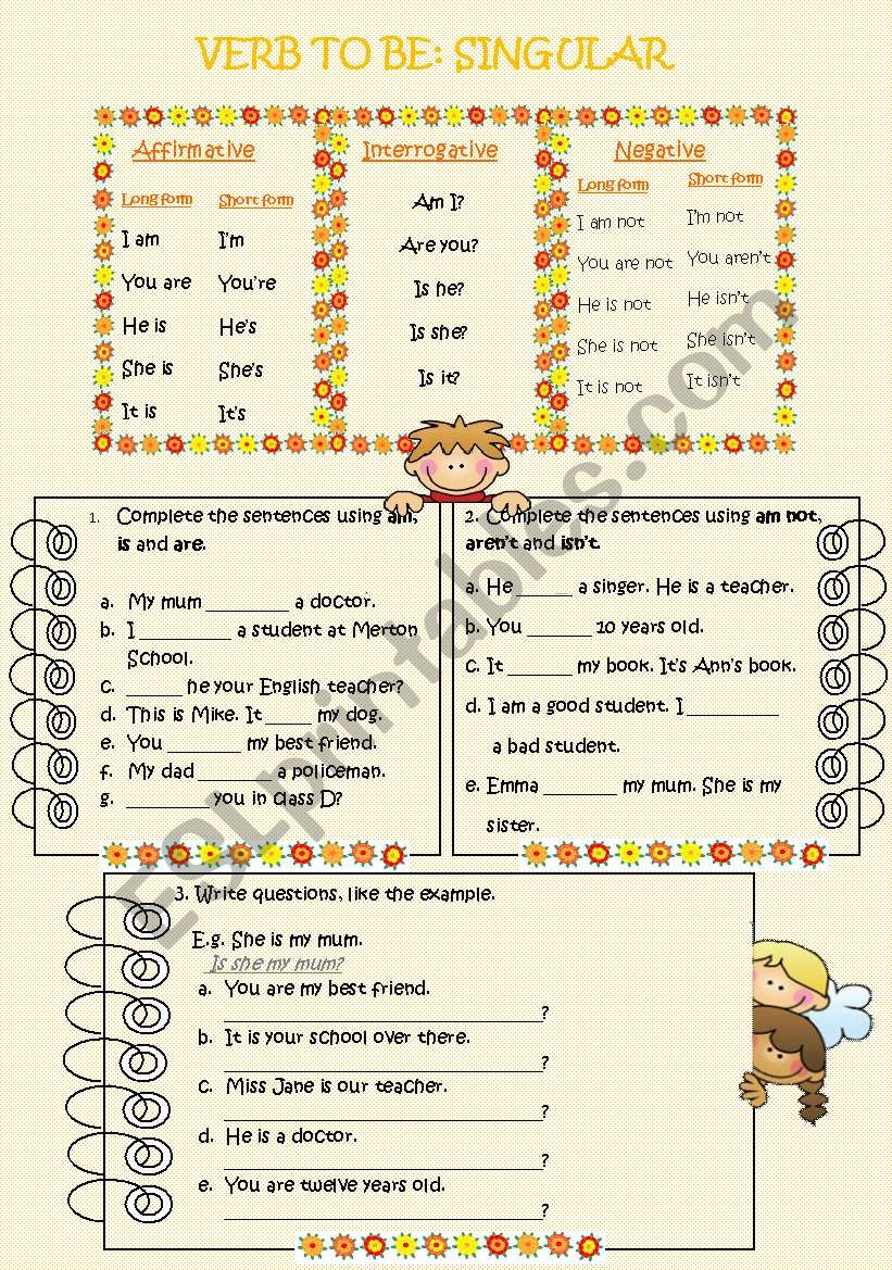 Verb to be (singular)- Answer key included!