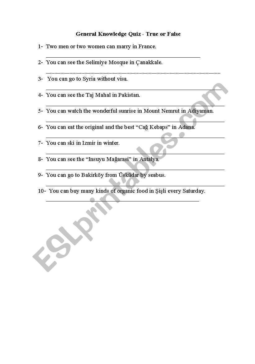 general knowledge quiz worksheet