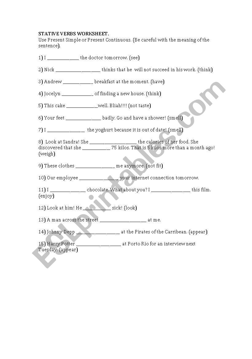 STATIVE VERBS worksheet