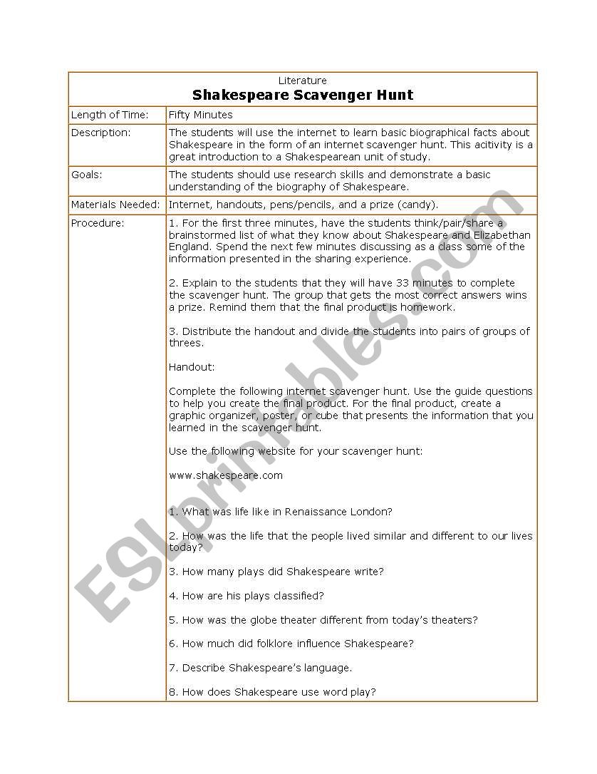 shakespear worksheet