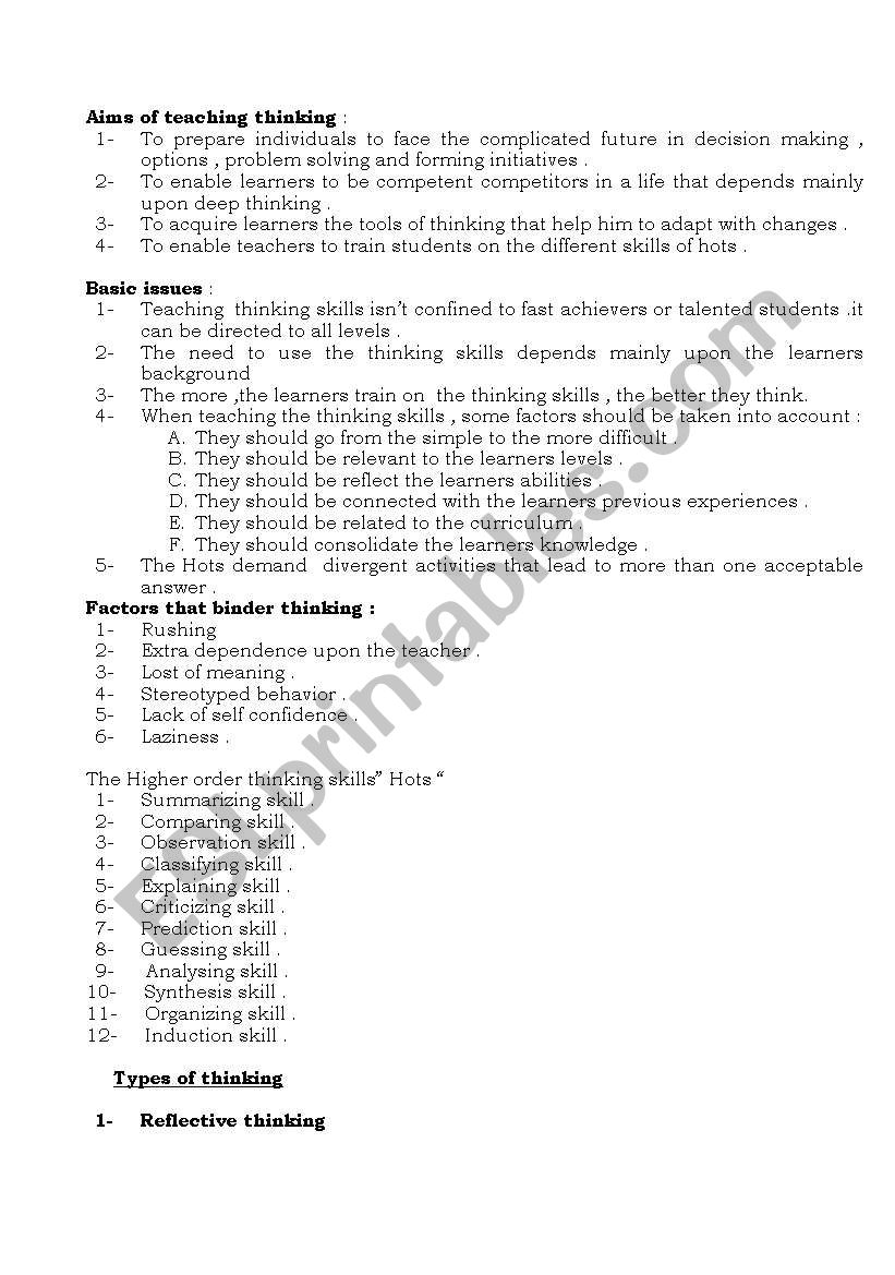 Aims of teaching thinking  worksheet