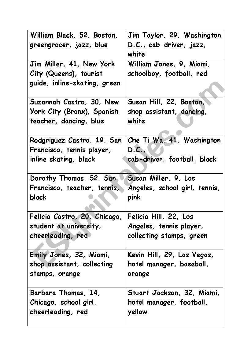 Role-cards Warming up worksheet