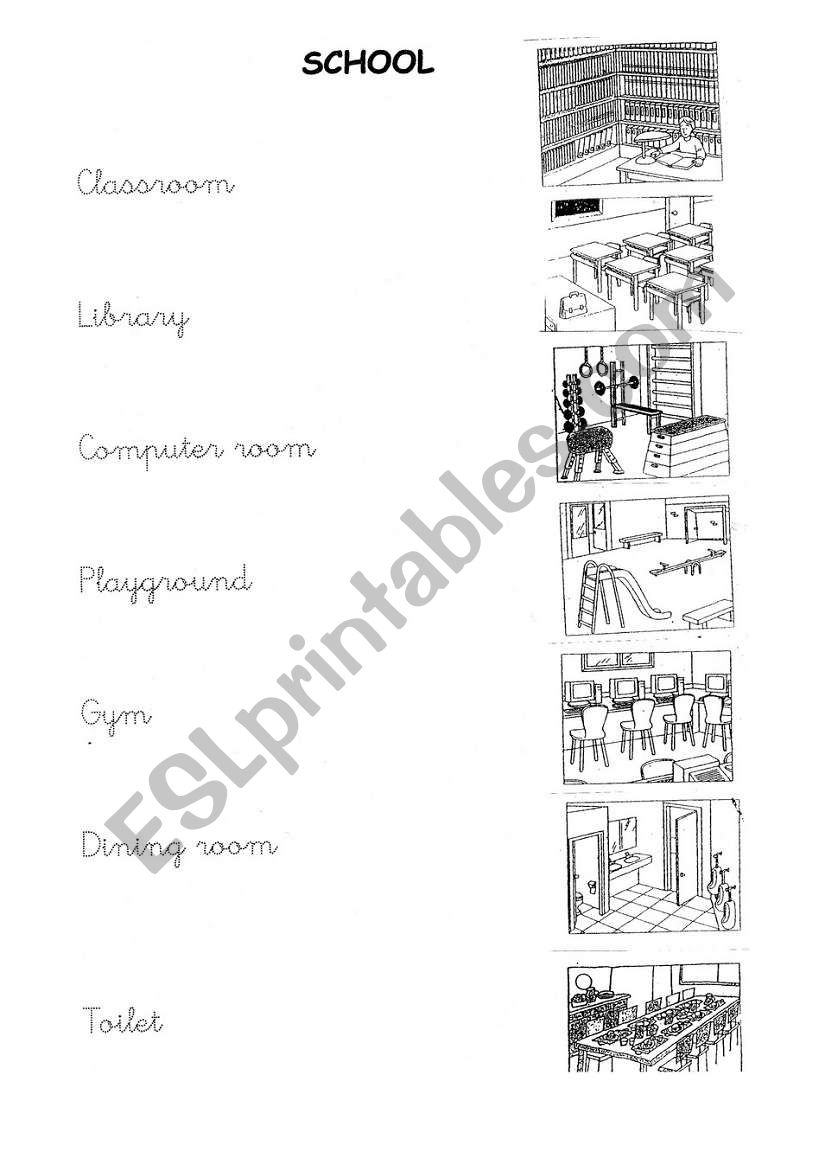 school rooms matching worksheet